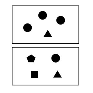 Example of indexing diversity according to variety: image shows two boxes, one containing three circles and a triangle, the other containing a circle, square, triangle and pentagon.
