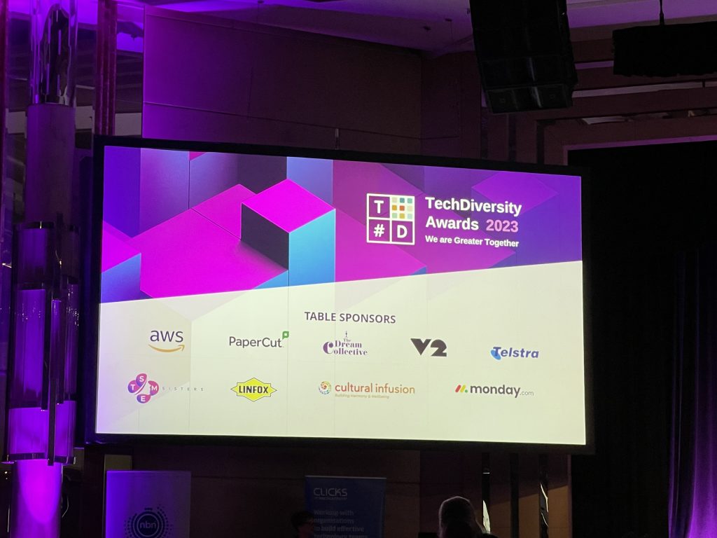 Photo of screen introducing the TechDiversity Awards 2023