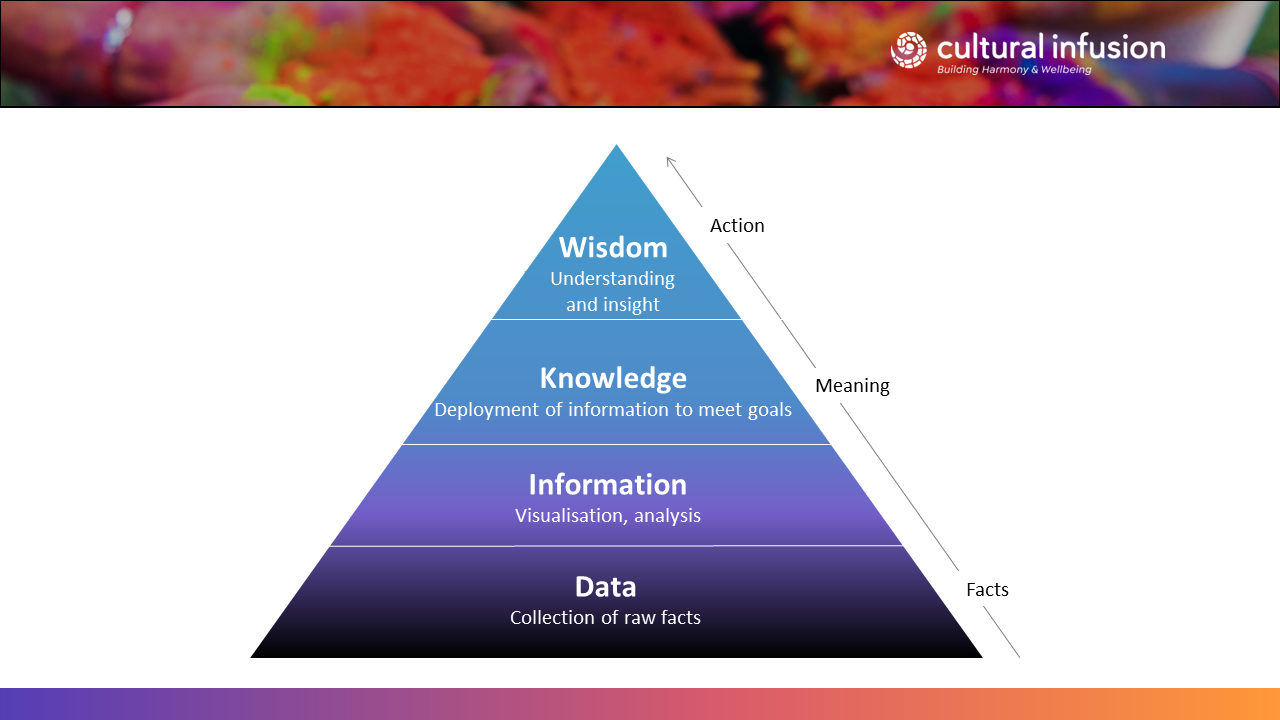 A pyramid with the following 4 layers:
1 Data (collection of raw facts) at the base
2 Information (Visualisation, analysis) 
3 Knowledge (Deployment of information to meet goals)
4 Wisdom (Understanding and insight)
Beside the pyramid are arrows showing an upward trajectory from facts to meaning to action.