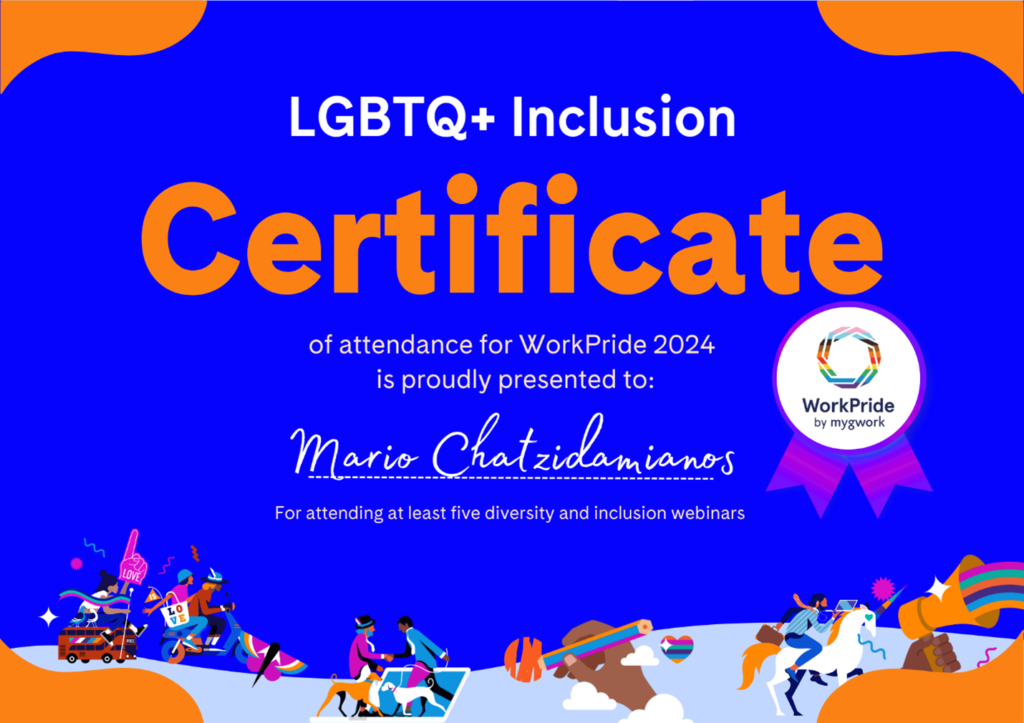 LGBTQ + Inclusion certificate with people riding horses and text